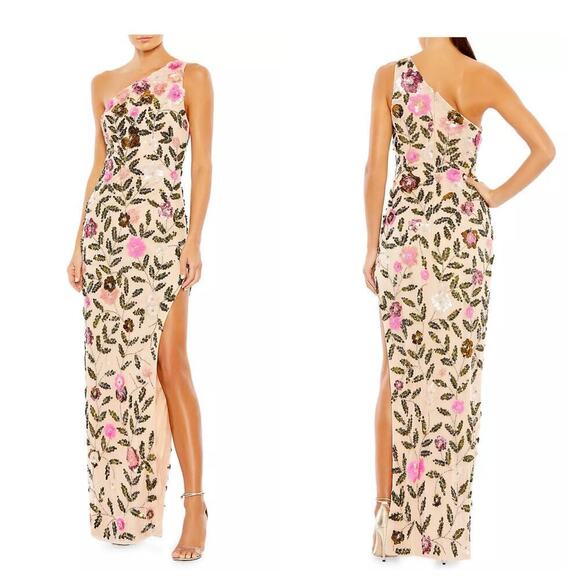 Mac Duggal Floral Sequin One Shoulder Side Slit Gown Multicolor Size 8 NWT - Picture 1 of 13